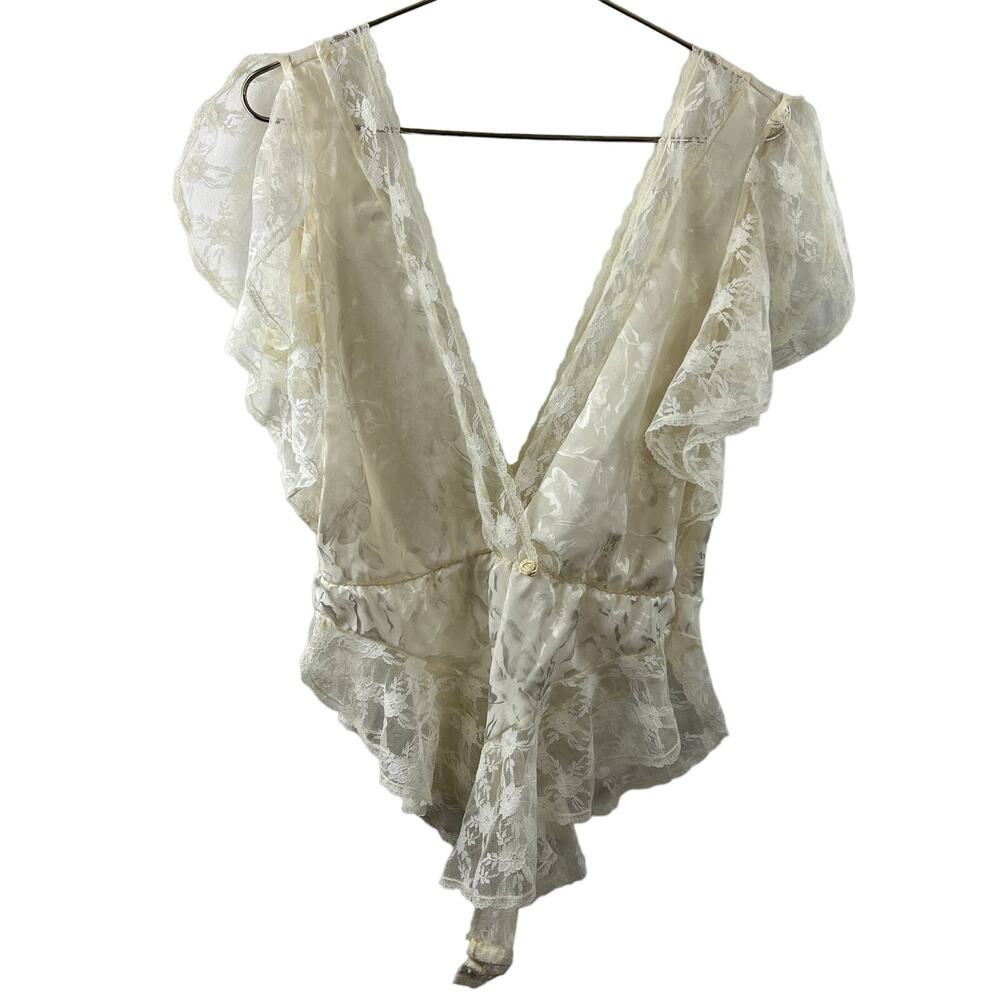 Vintage KEYLOUN Ivory S Sheer Lace Bodysuit Plunge Neck Flutter Romper Teddy